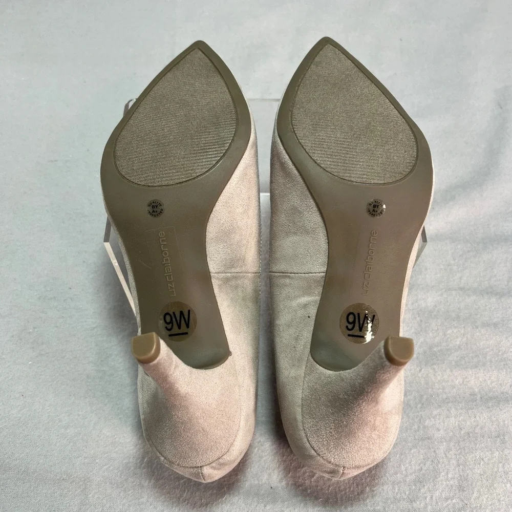 Liz Claiborne Pumps Koala Grey Faux Suede Pearl‎ Strappy Elegant Neutral 9 WIDE